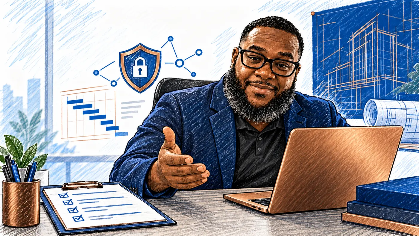 Illustration of the SKA founder welcoming clients at his project and technology desk